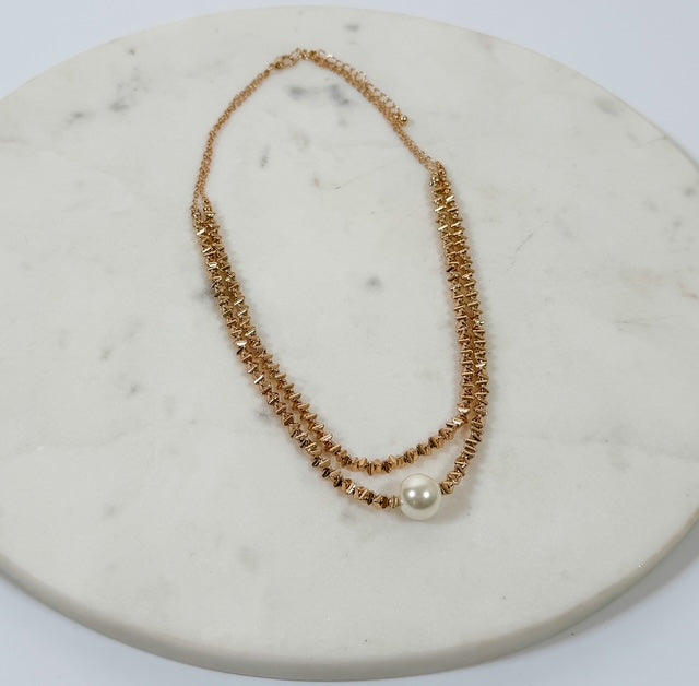 Golden Grace – Double Layer Pearl + Beaded Necklace