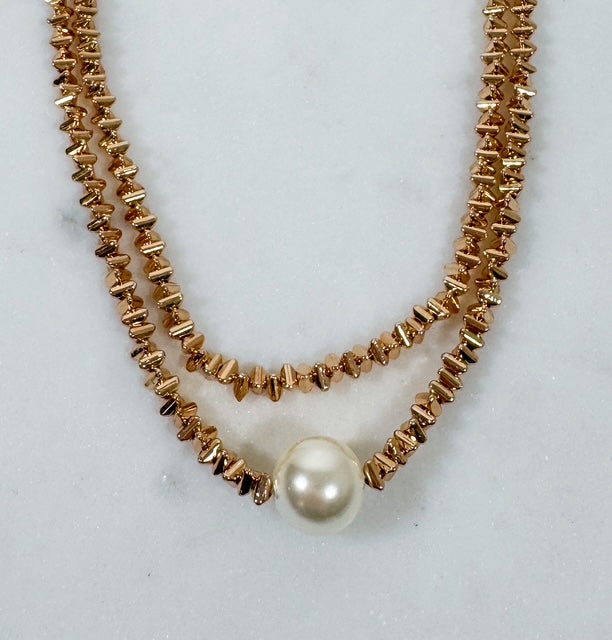Golden Grace – Double Layer Pearl + Beaded Necklace