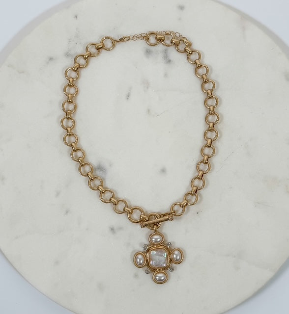 Goslin Gold Chain + Stylized Pearl Cross Necklace