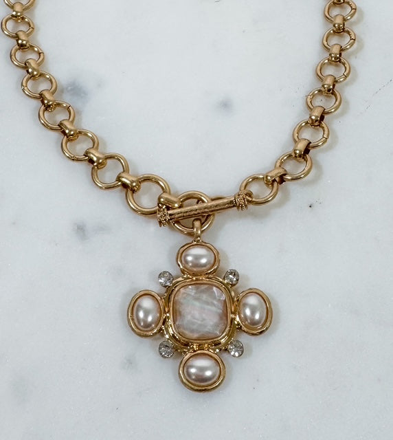 Goslin Gold Chain + Stylized Pearl Cross Necklace