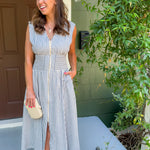 Greer Blue Striped Zip Front Waisted Dress THML