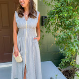 Greer Blue Striped Zip Front Waisted Dress THML