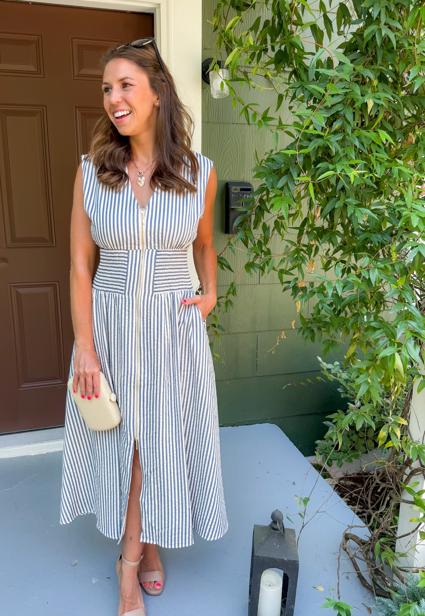 Greer Blue Striped Zip Front Waisted Dress THML