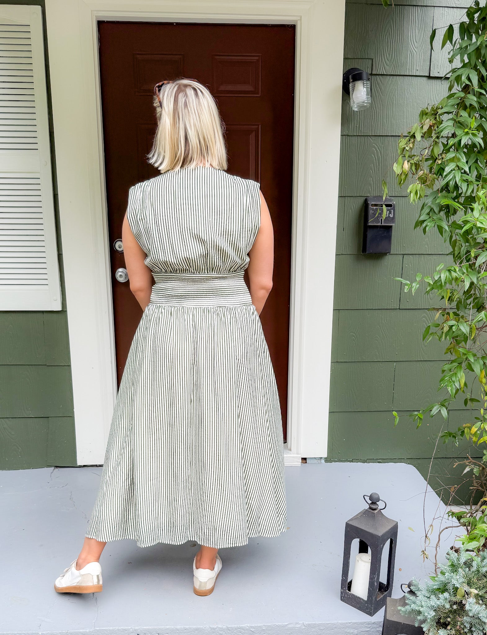 Greer Forest Striped Zip Front Waisted Dress THML