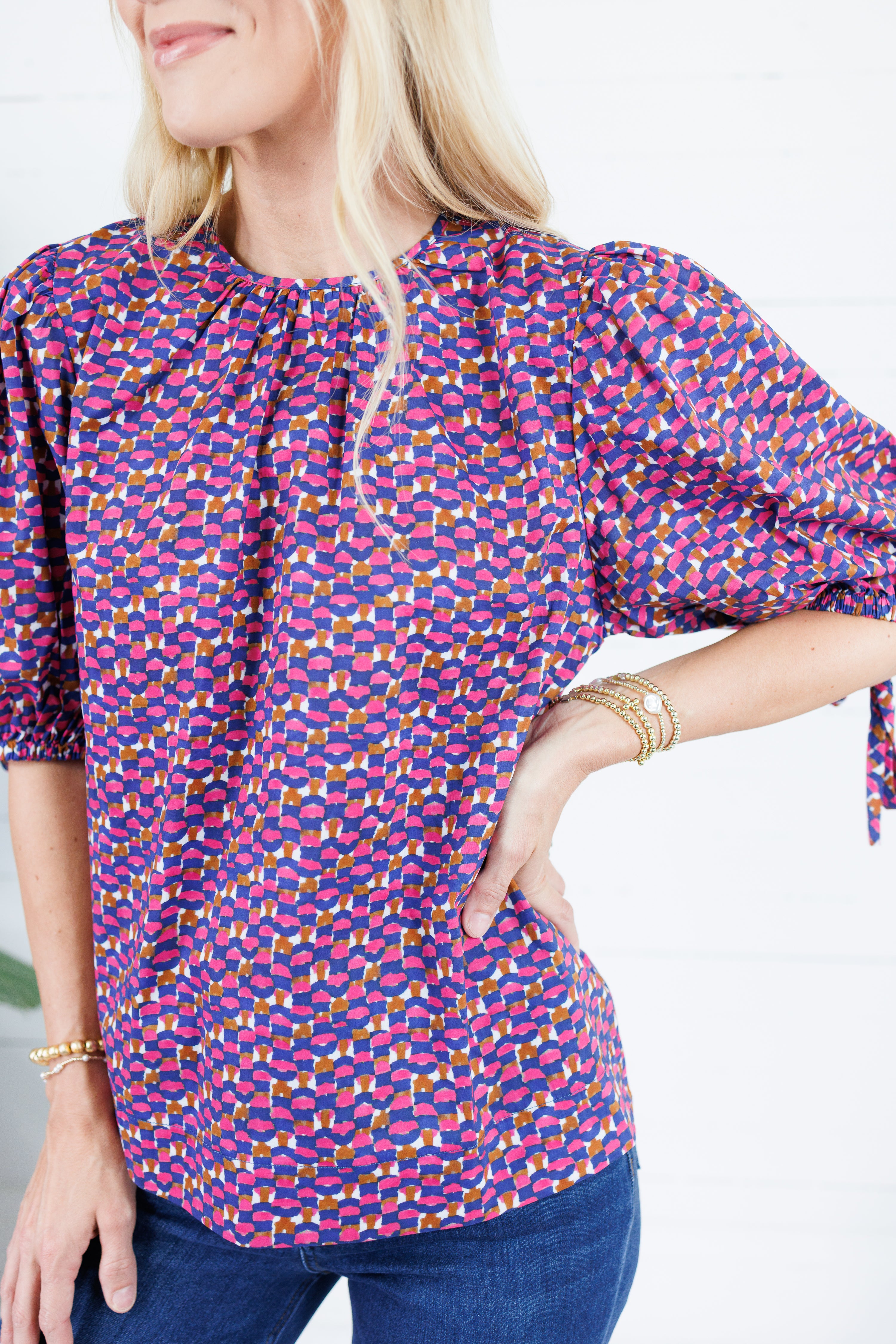 Greta Pink + Navy Geometric Top Pinch