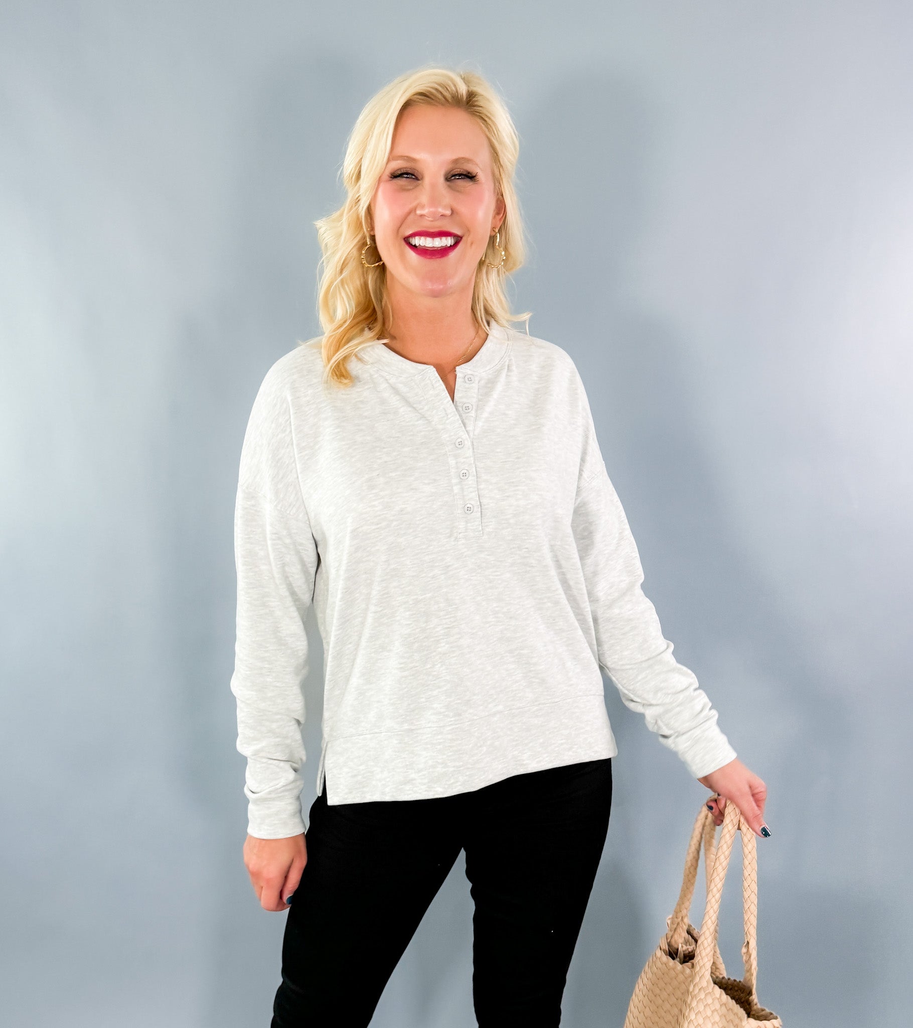 Grey Boxy Henley Sweatshirt Bobi