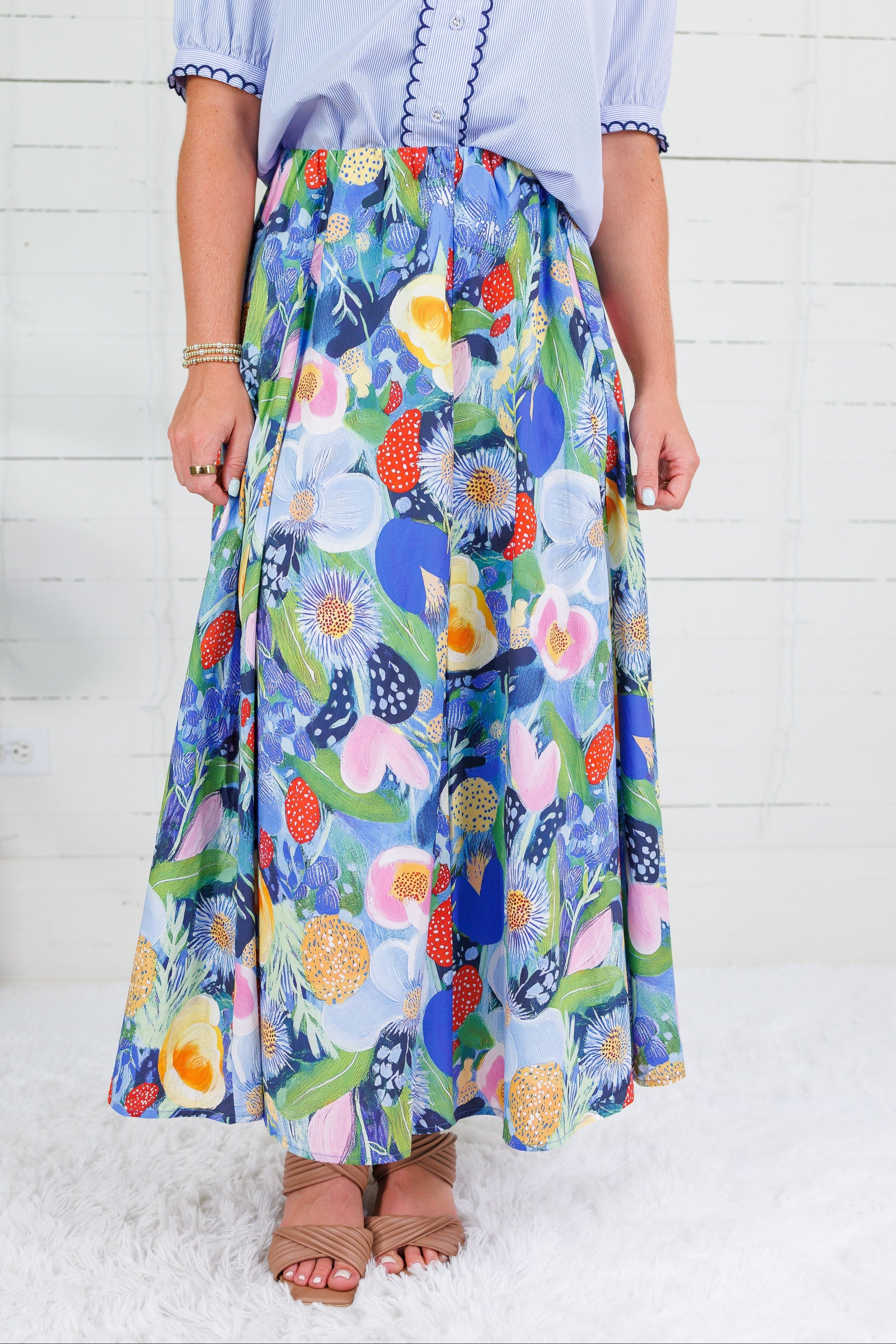 Grover Blue Floral Elastic Maxi Skirt Glam