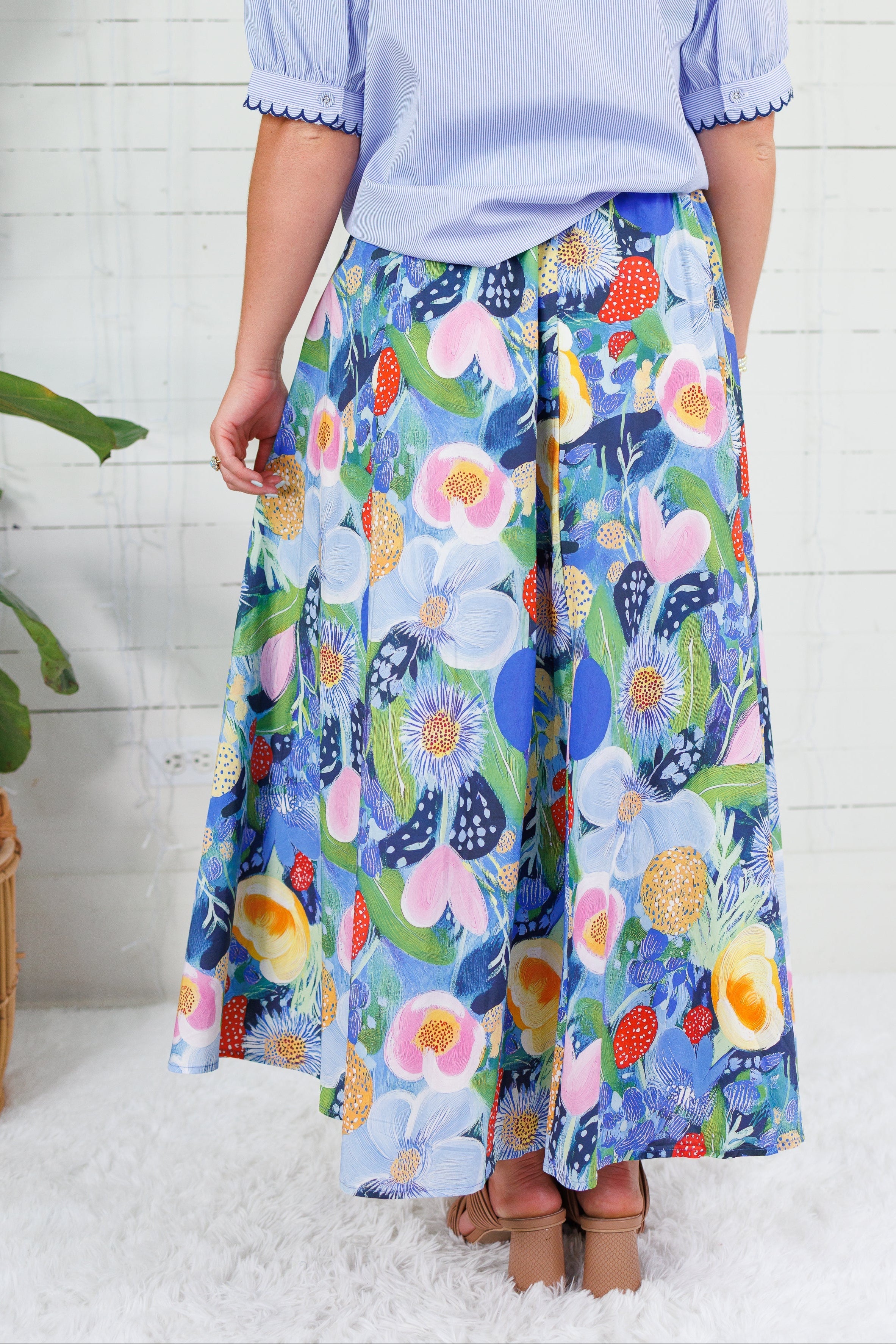 Grover Blue Floral Elastic Maxi Skirt Glam