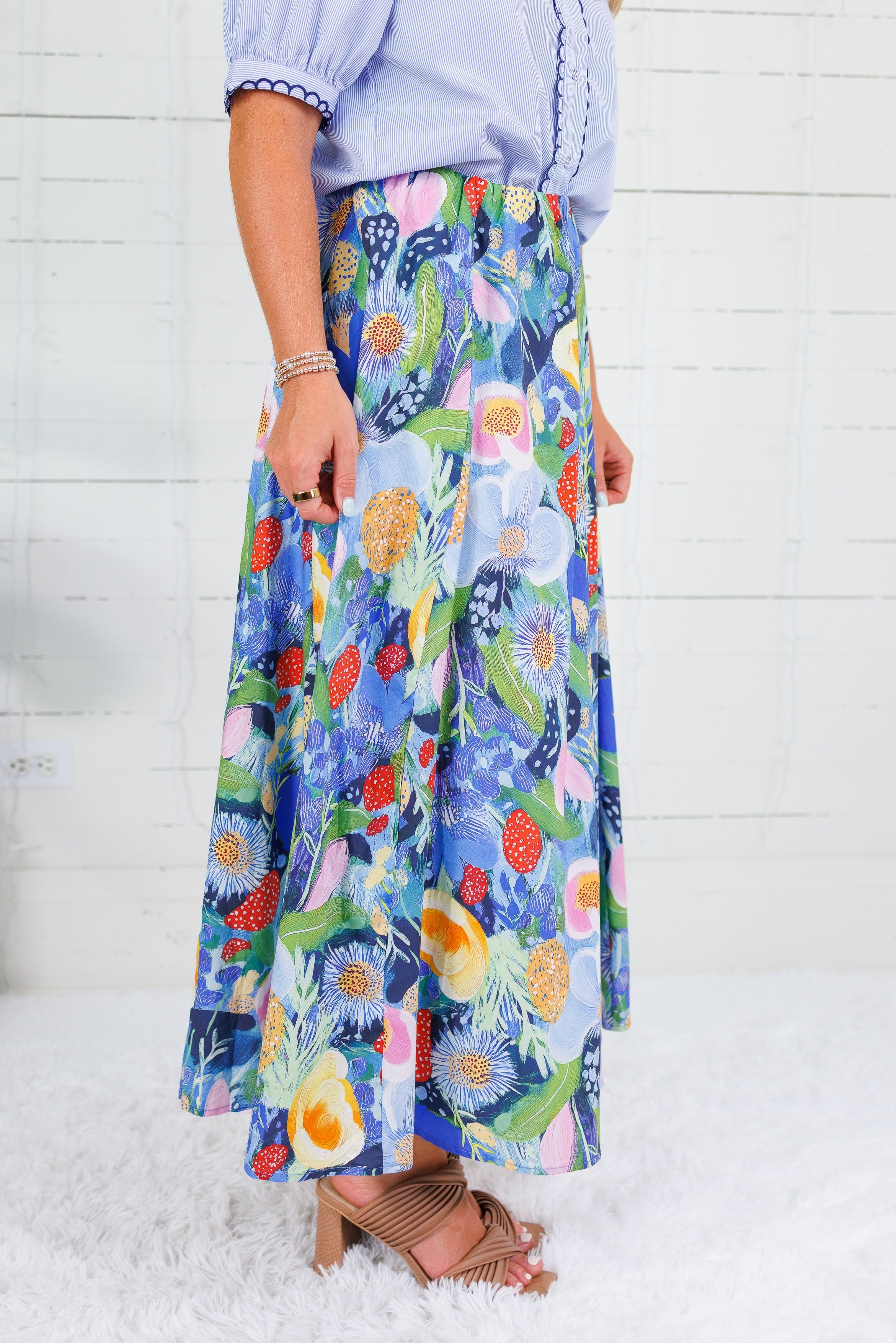 Grover Blue Floral Elastic Maxi Skirt Glam