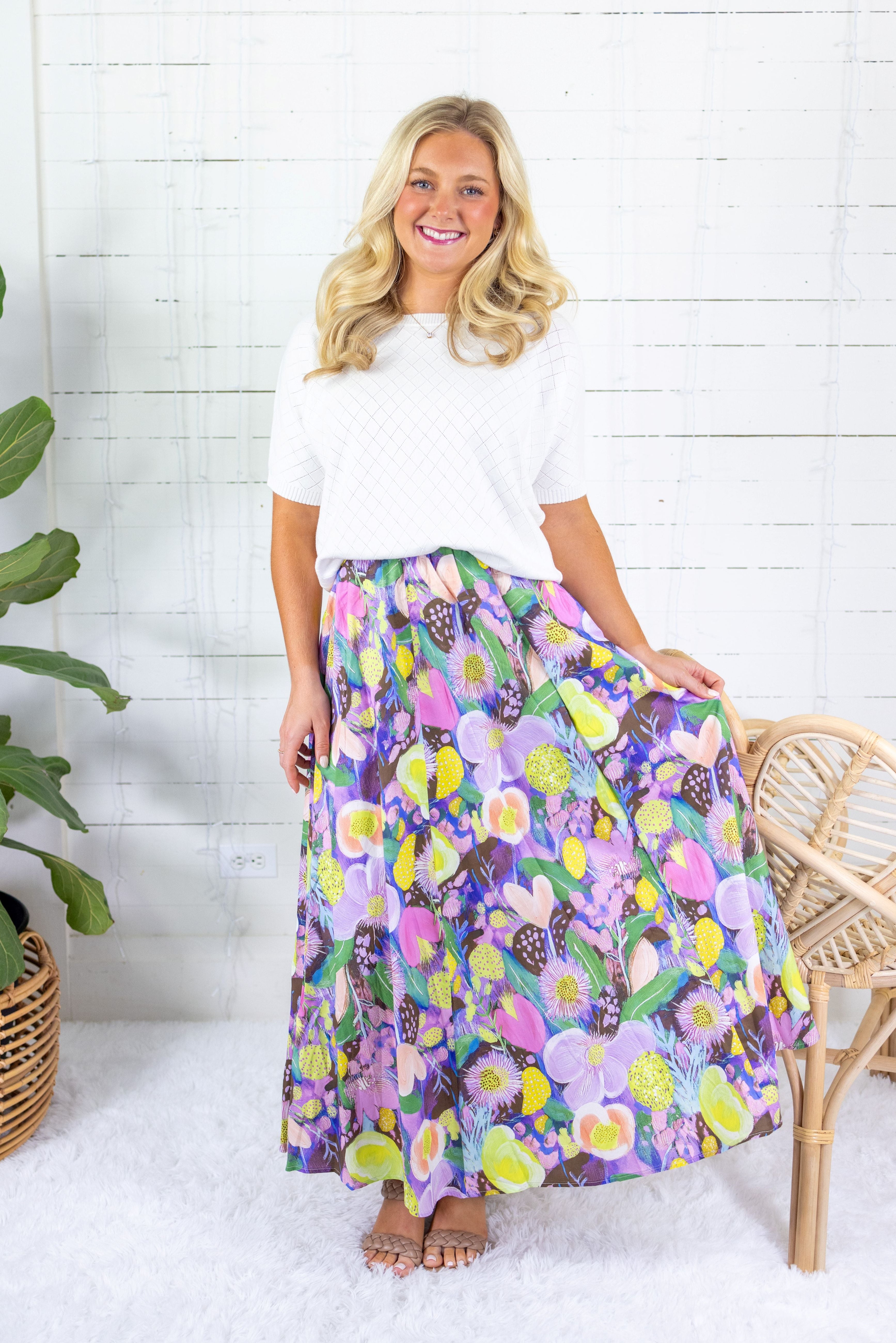 Grover Pink Floral Elastic Maxi Skirt GLAM