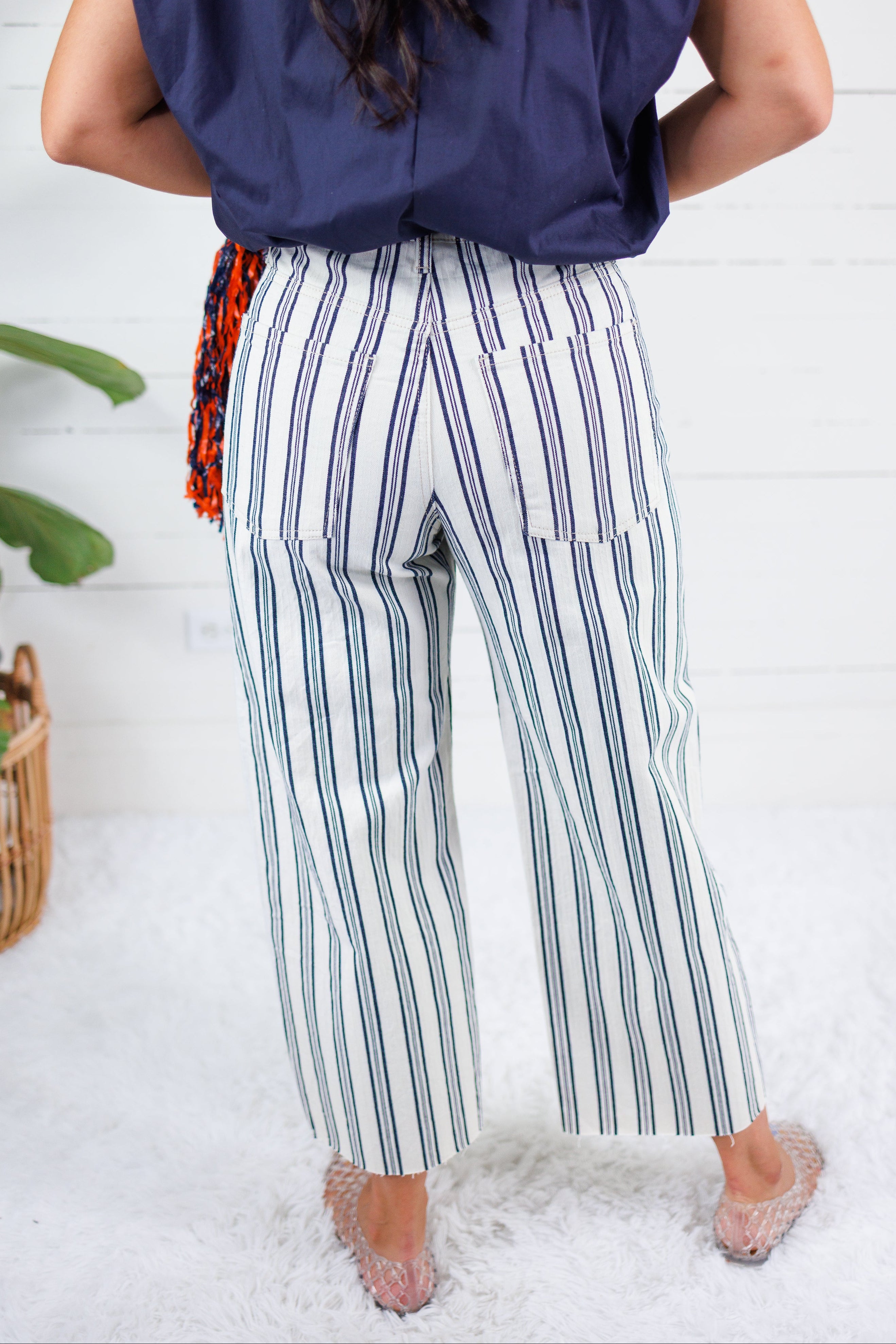 Gwen Navy + Ivory Stripe Wide Leg Slouchy Jean Kut