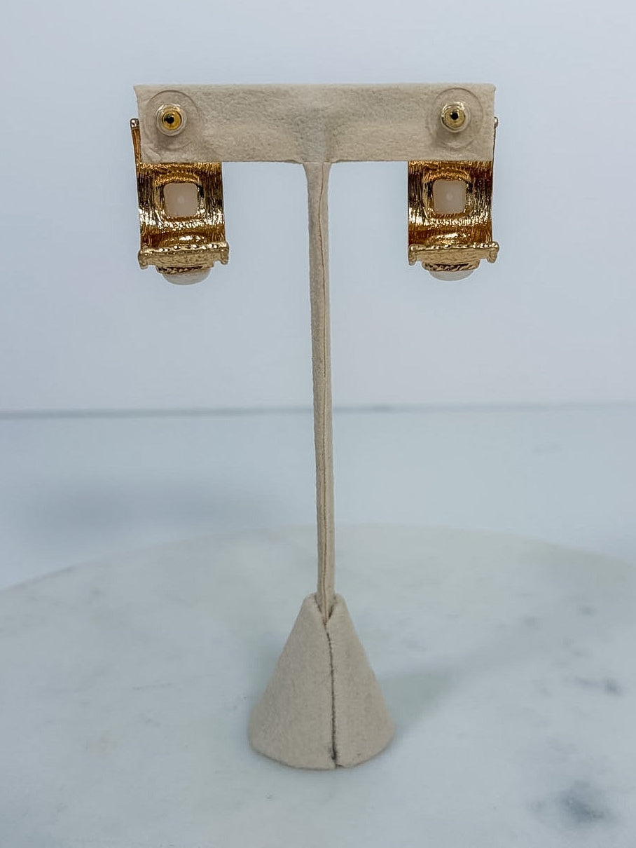 Hammered Triple Pearl Squared Hoop Earrings