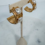 Hammered Triple Pearl Squared Hoop Earrings