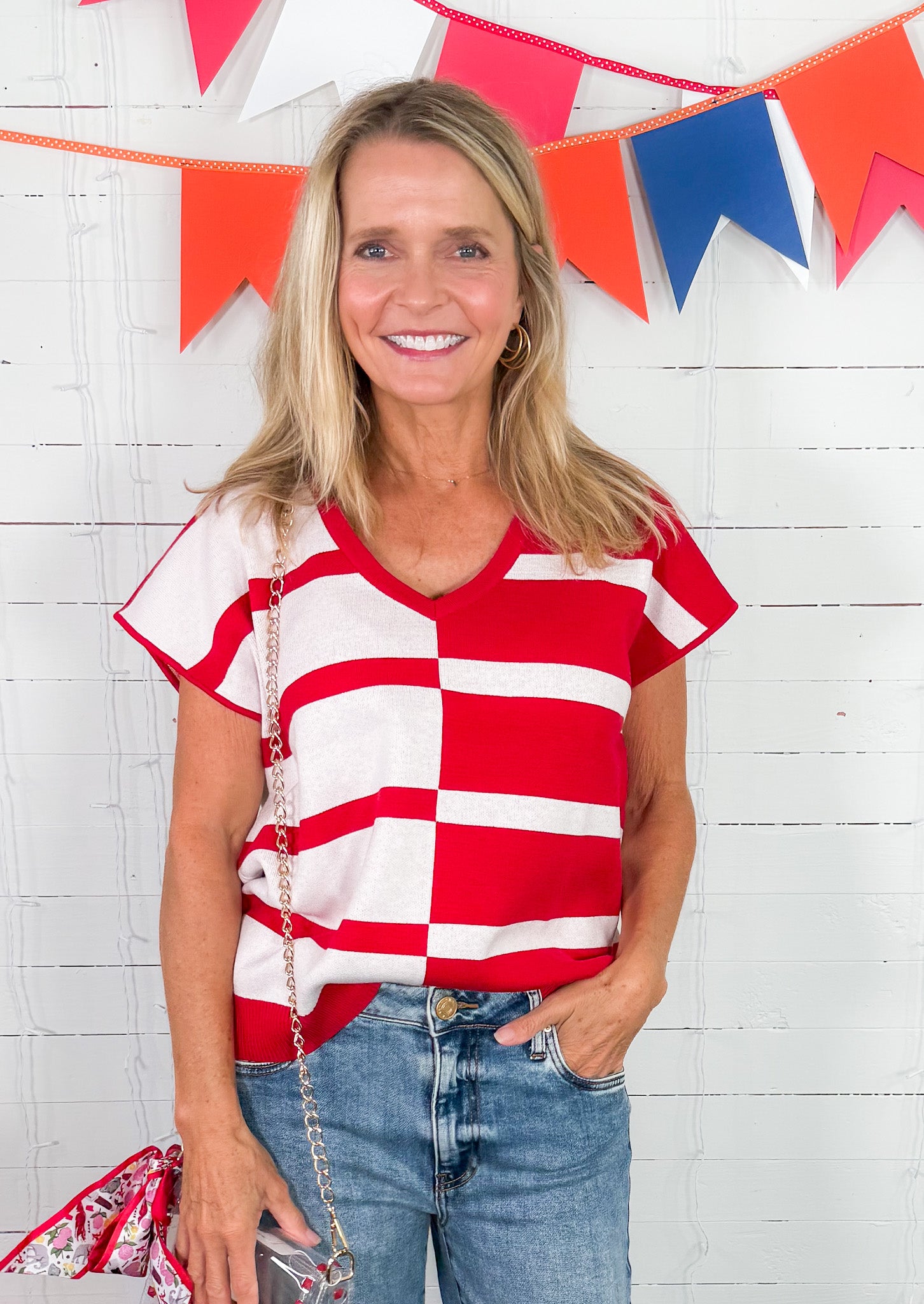 Hannah Crimson + White Sweater Vest Mary Square 
