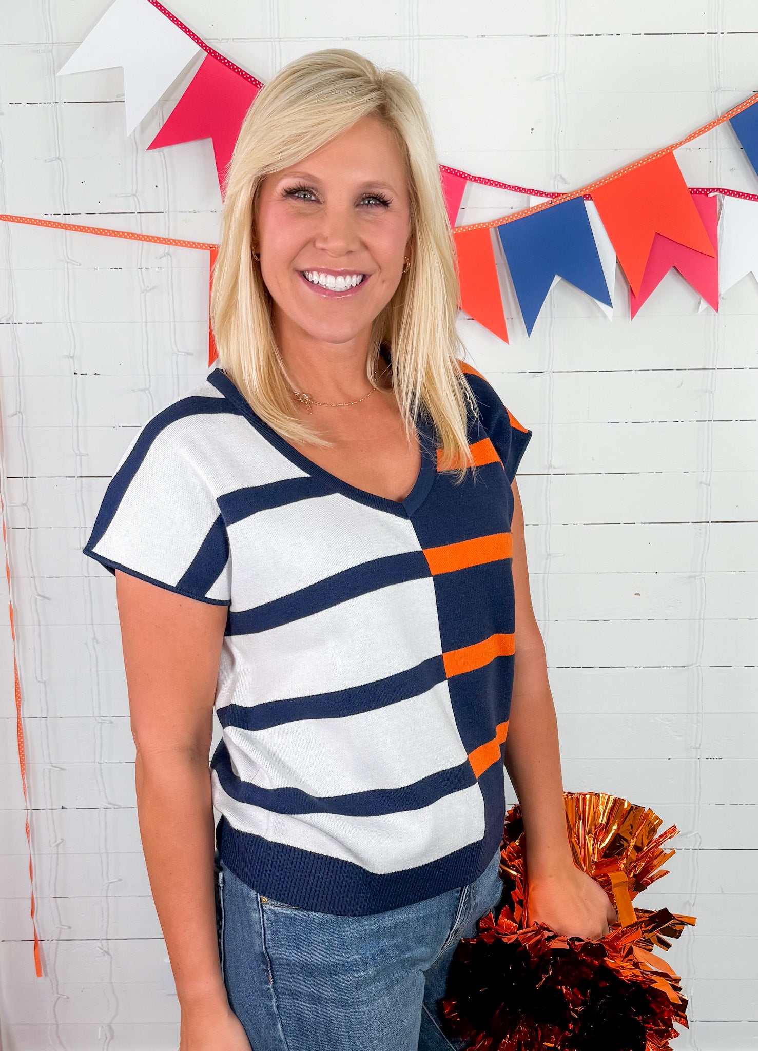 Hannah Navy + Orange Sweater Vest Mary Square