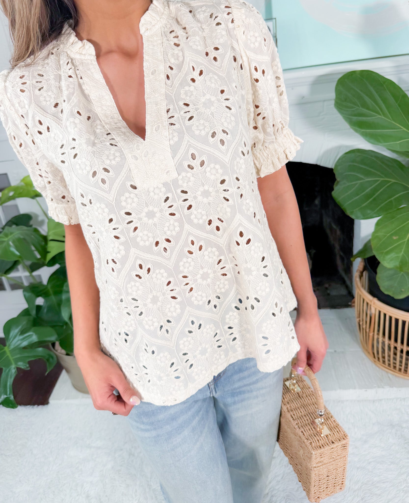 Harden Cream Eyelet Top THML