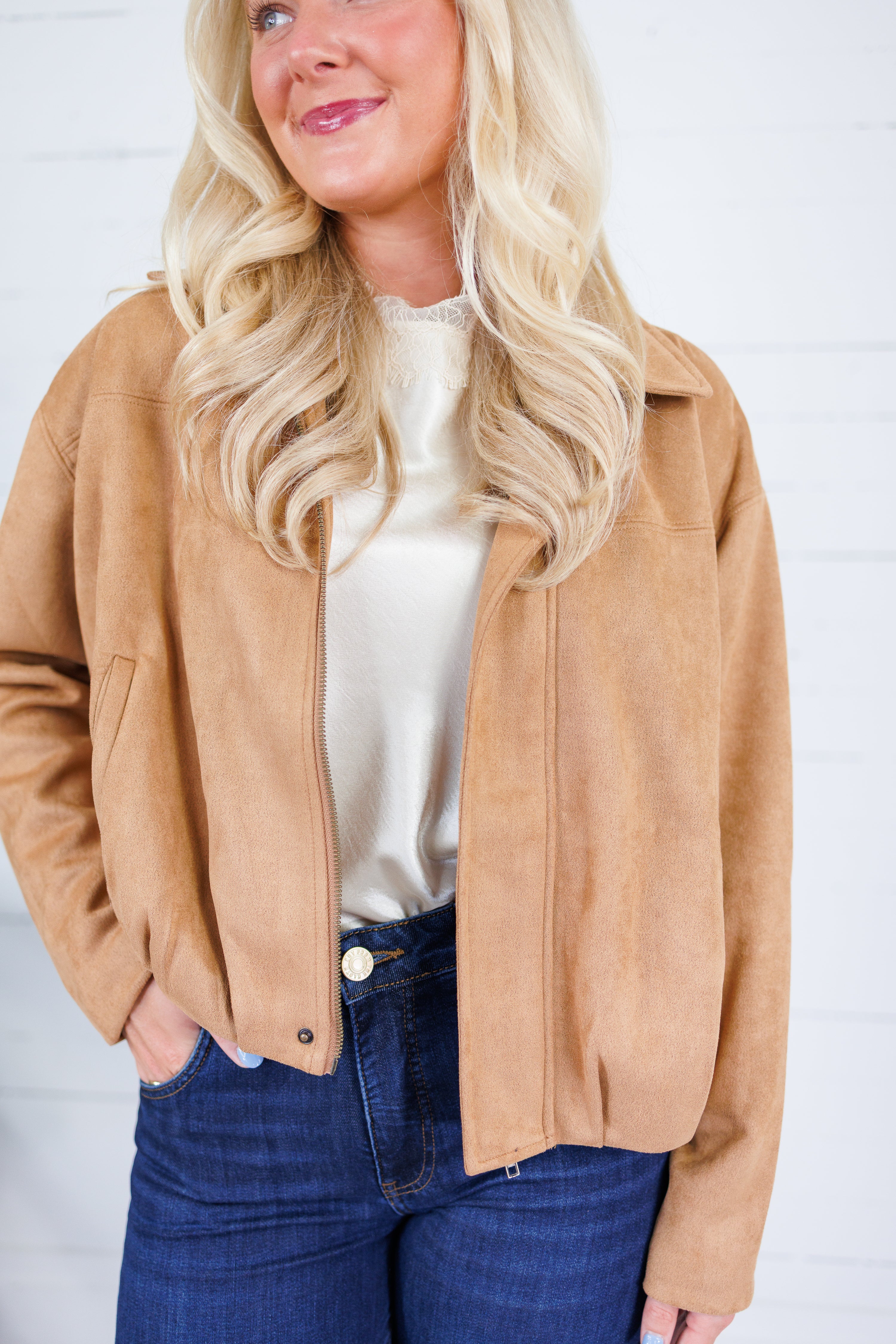 Hargett Camel Faux Suede Bubble Hem Jacket Skies are Blue