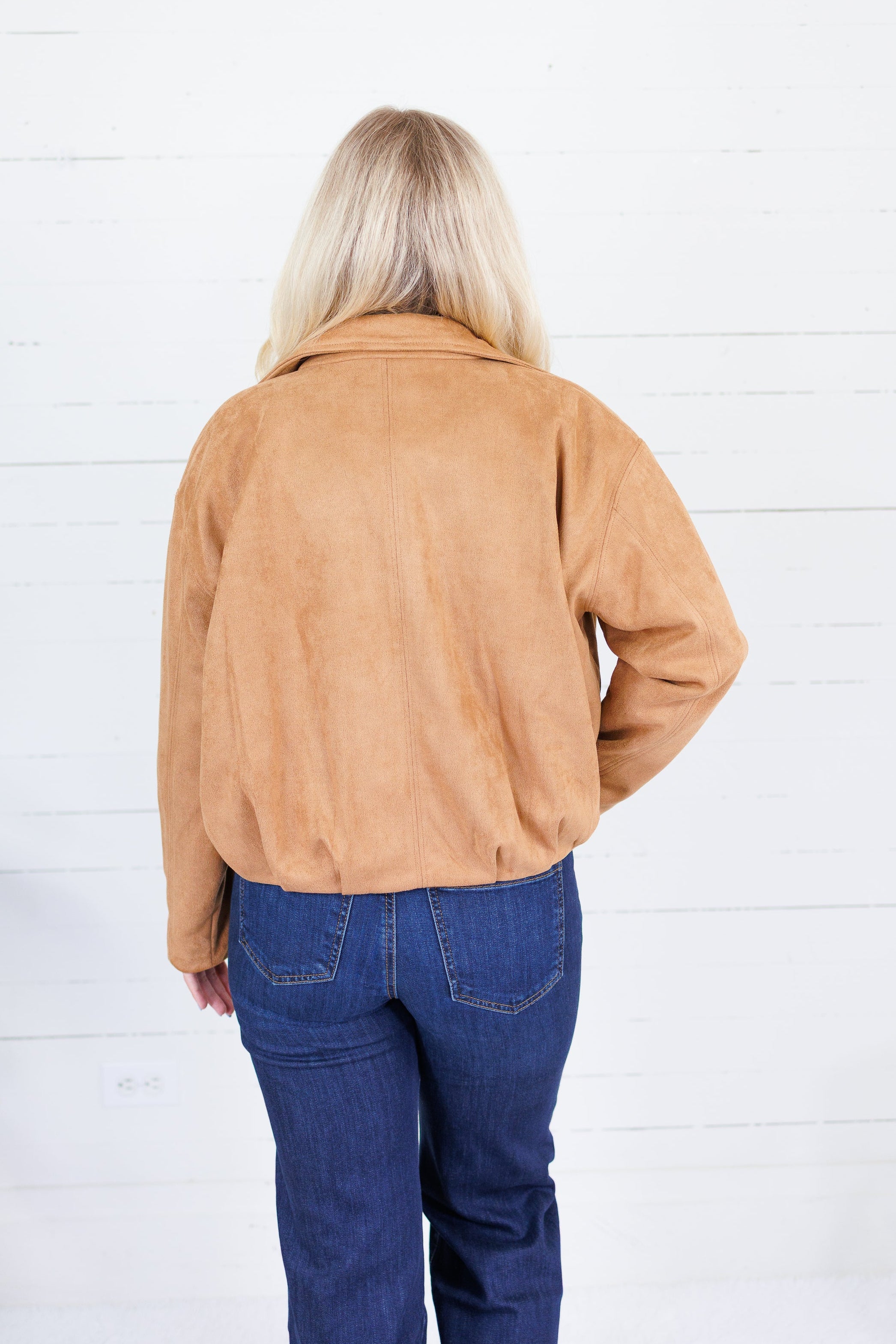 Hargett Camel Faux Suede Bubble Hem Jacket Skies are Blue