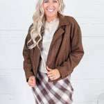 Hargett Chocolate Faux Suede Bubble Hem Jacket Skies are Blue