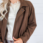 Hargett Chocolate Faux Suede Bubble Hem Jacket Skies are Blue