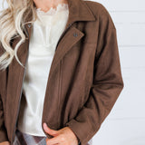 Hargett Chocolate Faux Suede Bubble Hem Jacket Skies are Blue