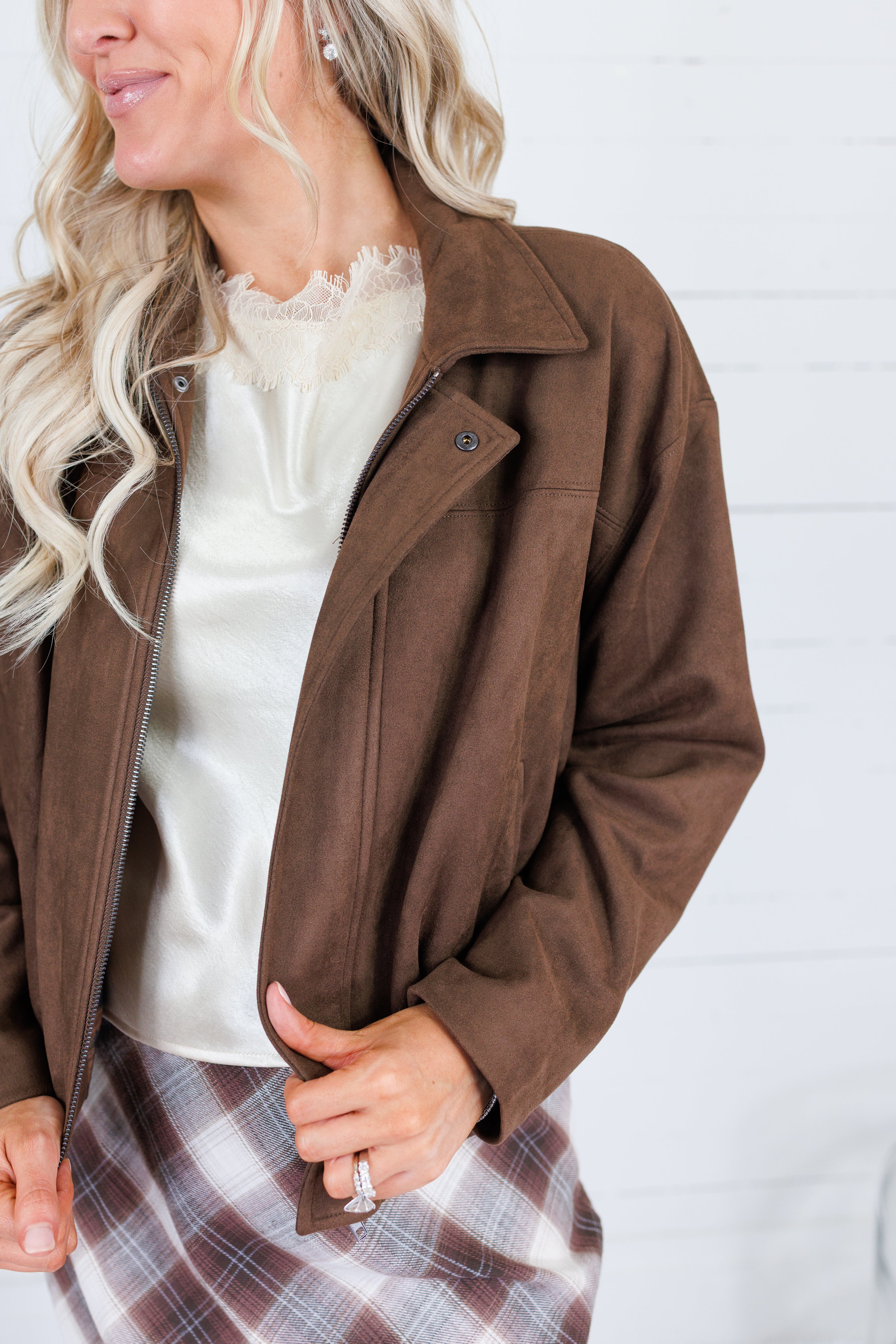 Hargett Chocolate Faux Suede Bubble Hem Jacket Skies are Blue