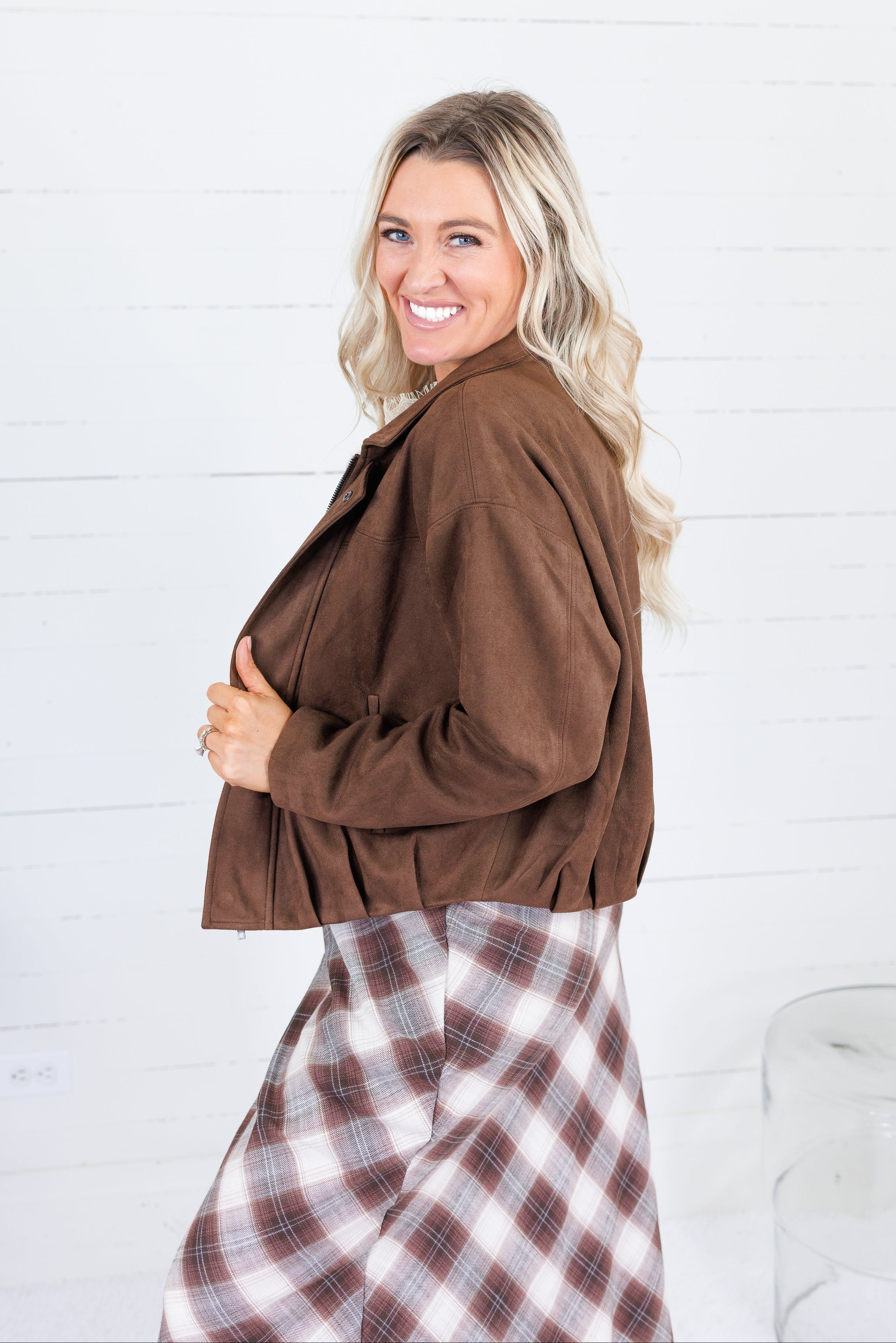 Hargett Chocolate Faux Suede Bubble Hem Jacket Skies are Blue