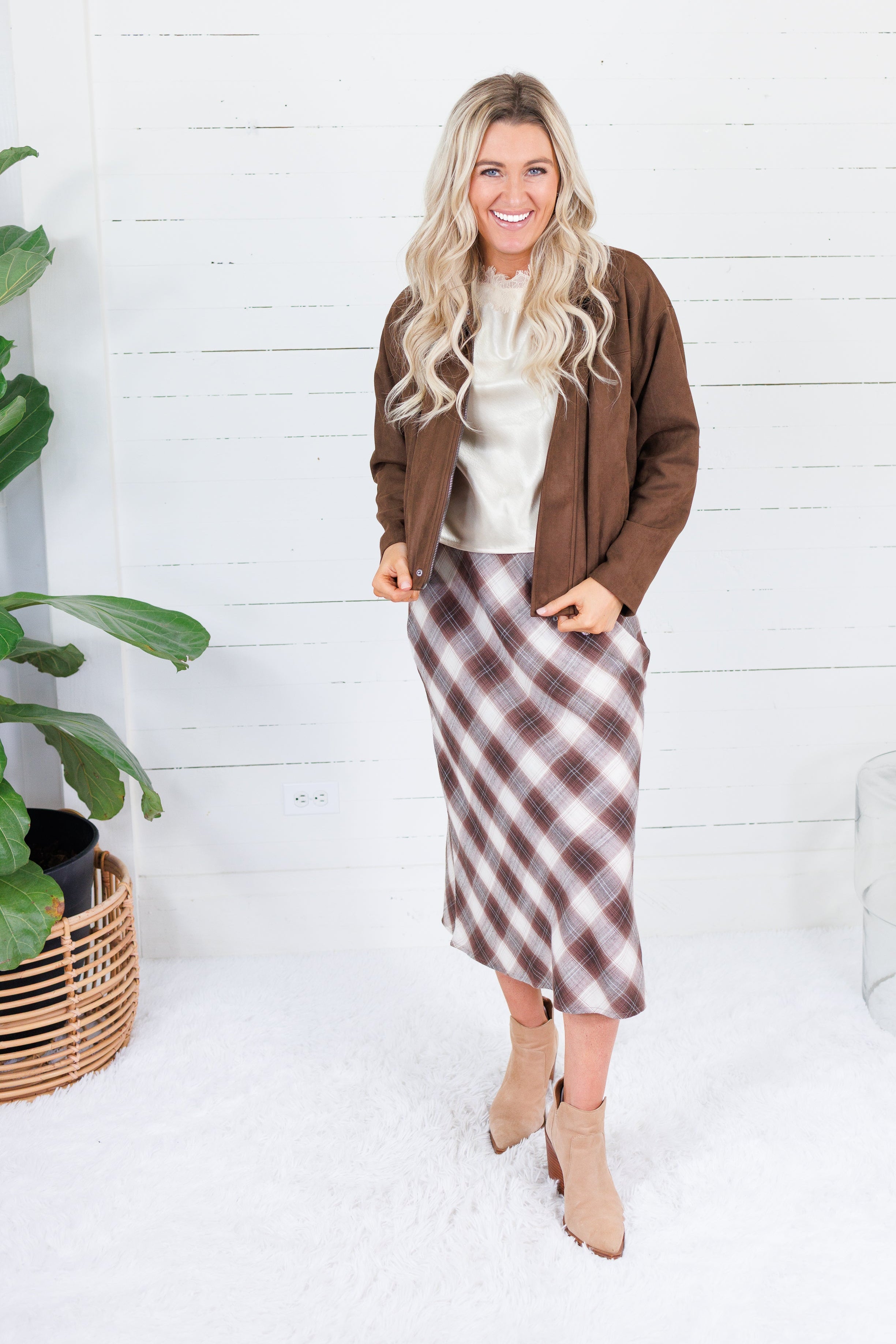 Hargett Chocolate Faux Suede Bubble Hem Jacket Skies are Blue