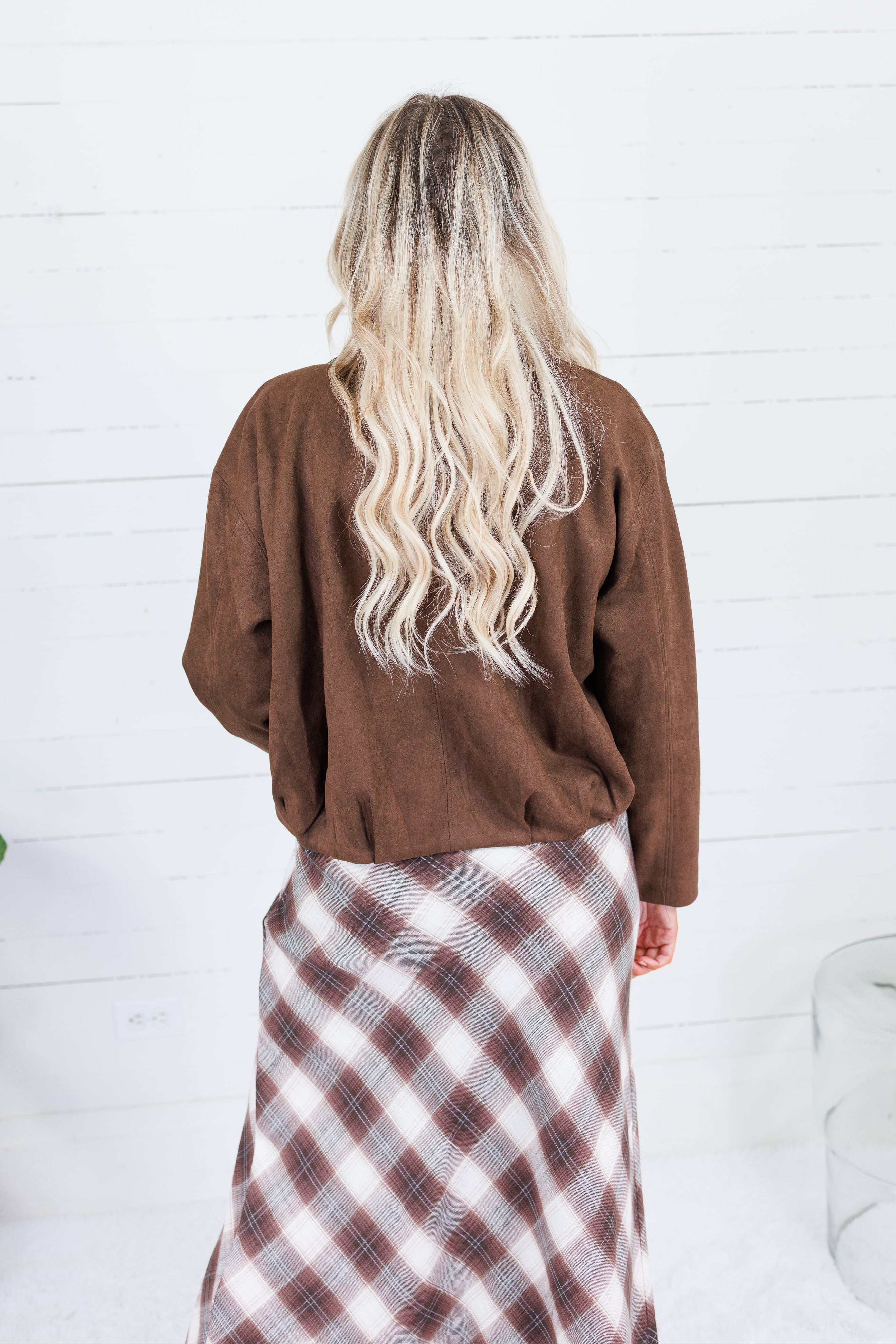Hargett Chocolate Faux Suede Bubble Hem Jacket Skies are Blue