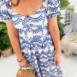 Harrison Blue + White Eyelet Maxi Dress