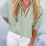 Hawkins Matcha Gingham Split Neck Top Entro