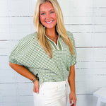 Hawkins Matcha Gingham Split Neck Top Entro
