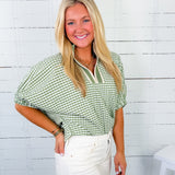 Hawkins Matcha Gingham Split Neck Top Entro