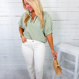 Hawkins Matcha Gingham Split Neck Top Entro