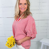 Hawkins Red Gingham Split Neck Top Entro