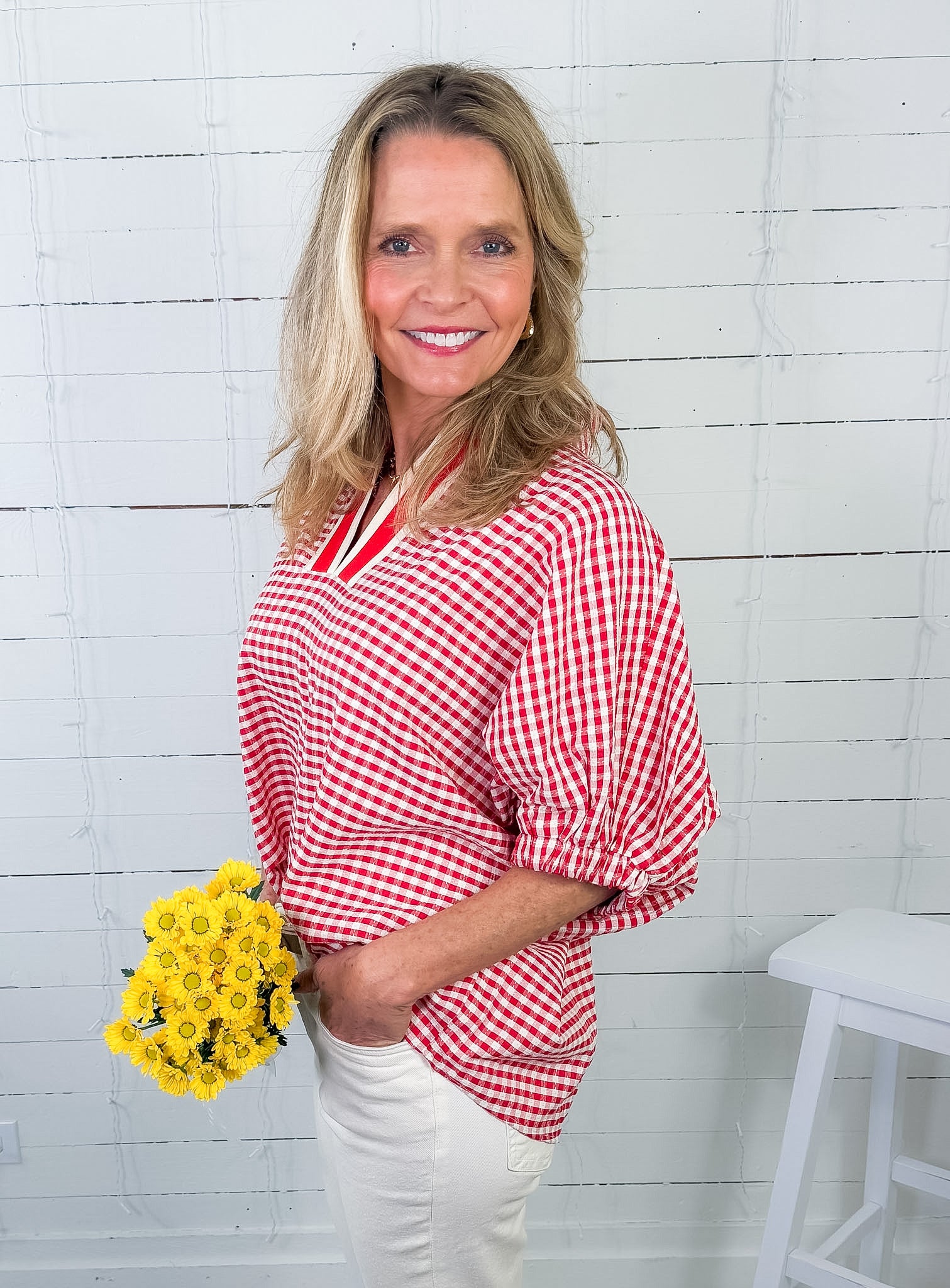 Hawkins Red Gingham Split Neck Top Entro