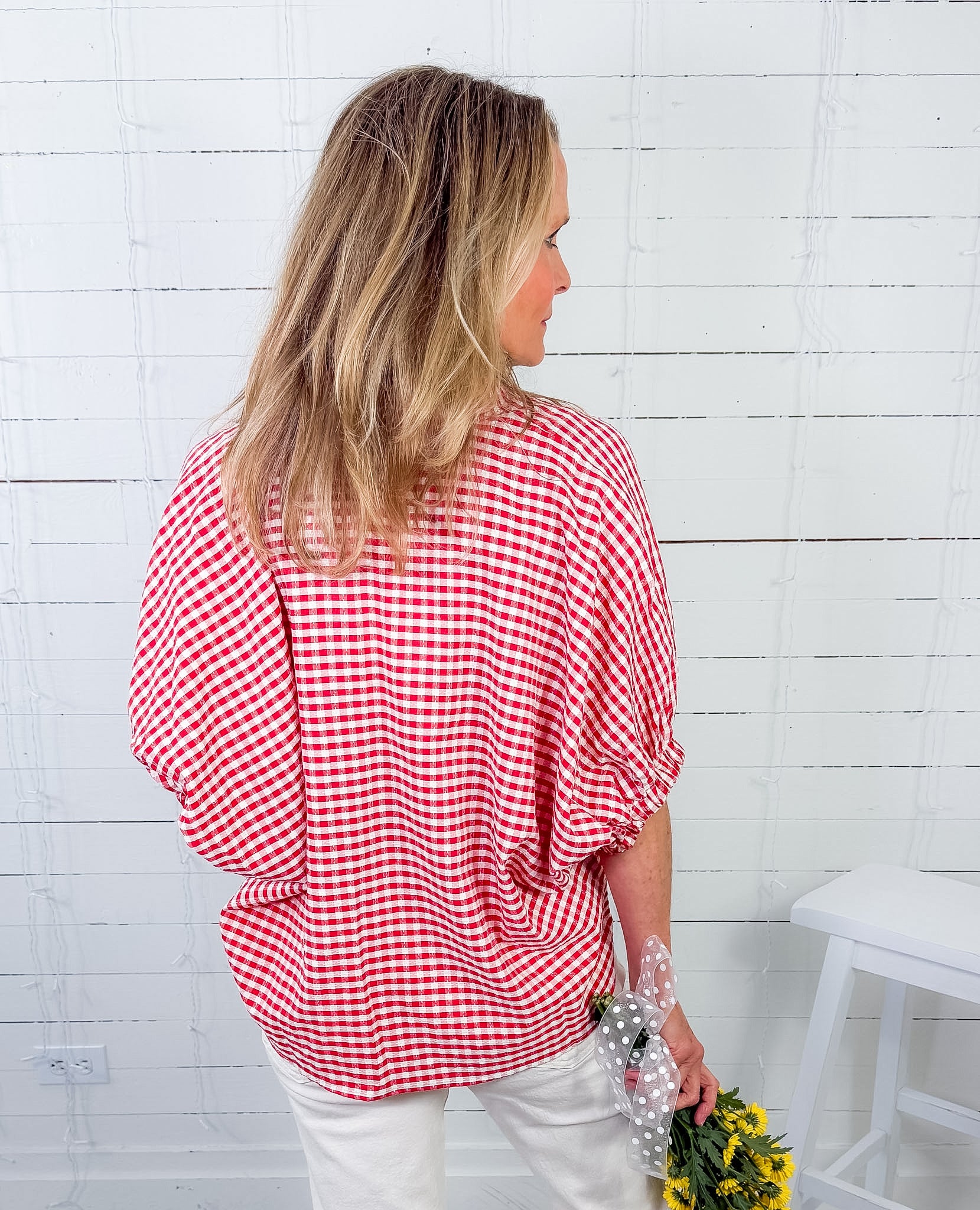 Hawkins Red Gingham Split Neck Top Entro