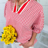 Hawkins Red Gingham Split Neck Top Entro