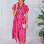 Helen Pink + Red Stripe Nipped Waist Dress Entro