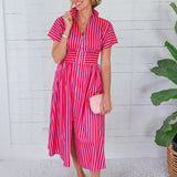 Helen Pink + Red Stripe Nipped Waist Dress Entro