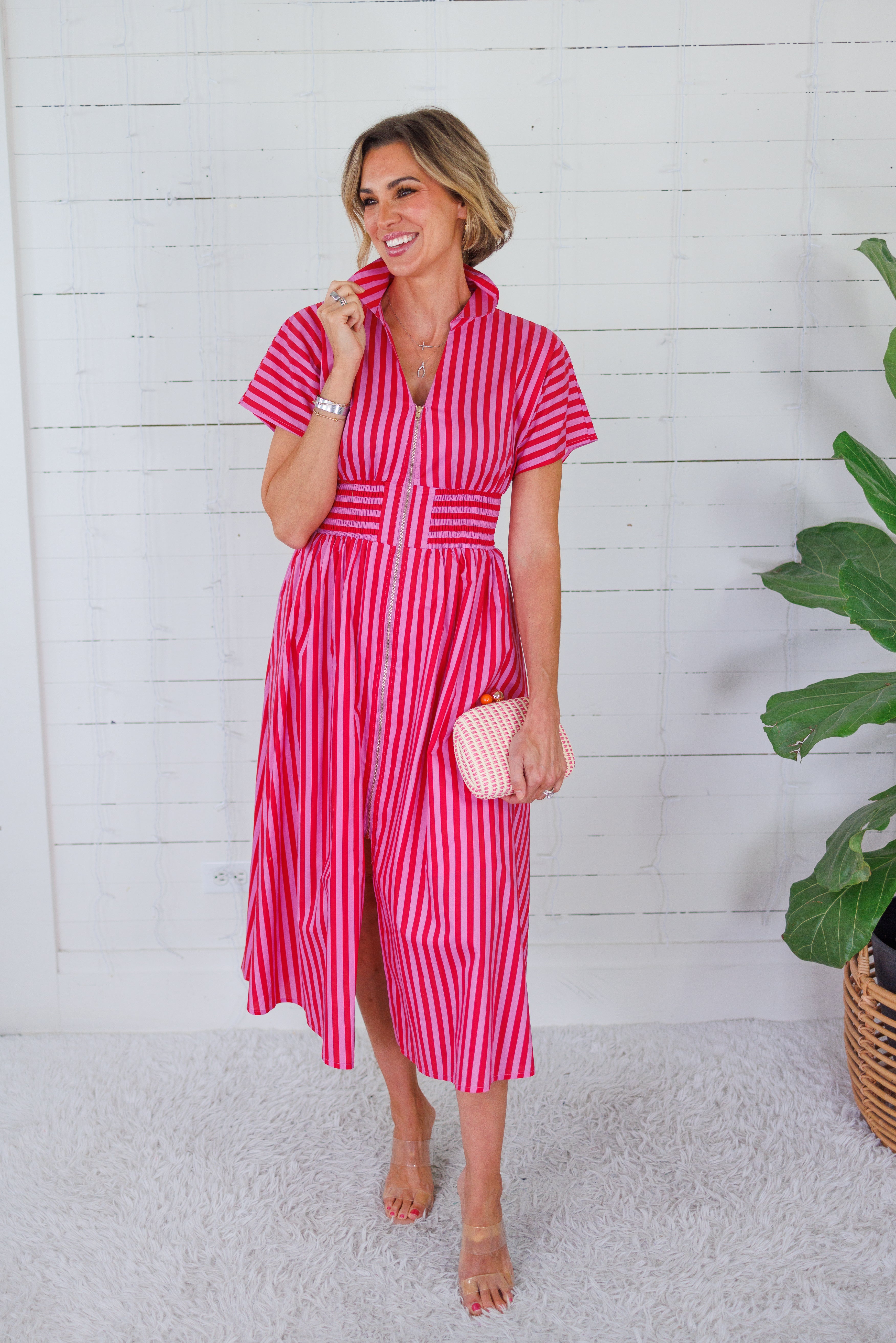 Helen Pink + Red Stripe Nipped Waist Dress Entro
