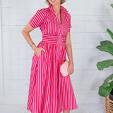 Helen Pink + Red Stripe Nipped Waist Dress Entro