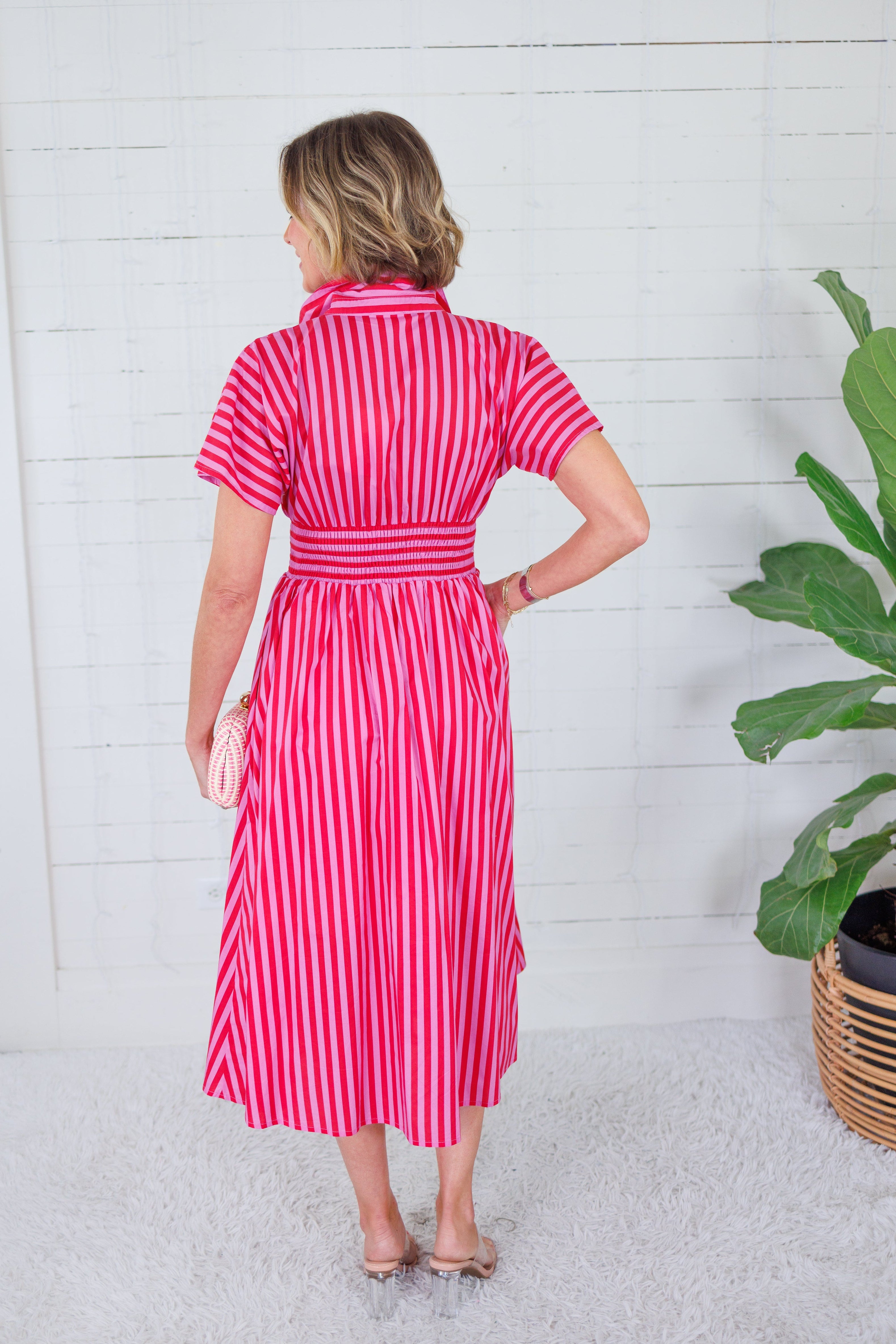 Helen Pink + Red Stripe Nipped Waist Dress Entro