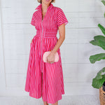 Helen Pink + Red Stripe Nipped Waist Dress Entro