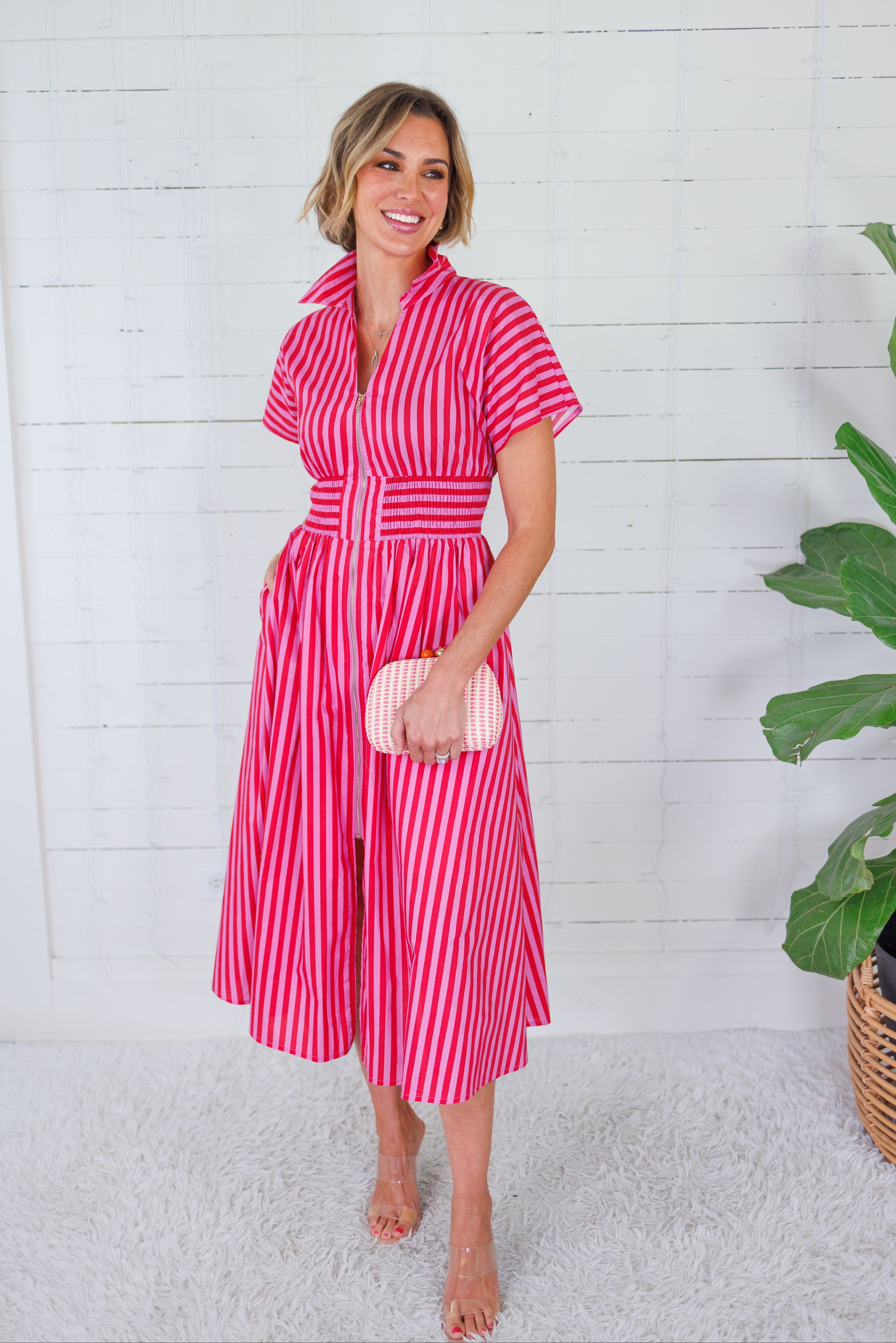 Helen Pink + Red Stripe Nipped Waist Dress Entro