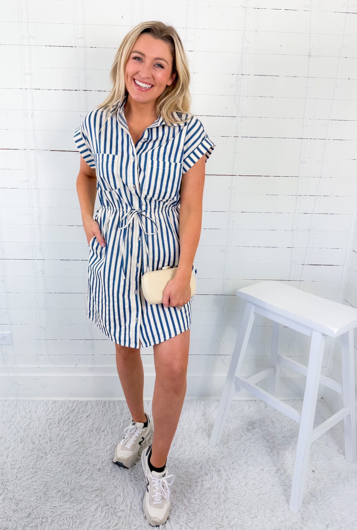 Holland Blue Striped Contrast Detail Mini Dress