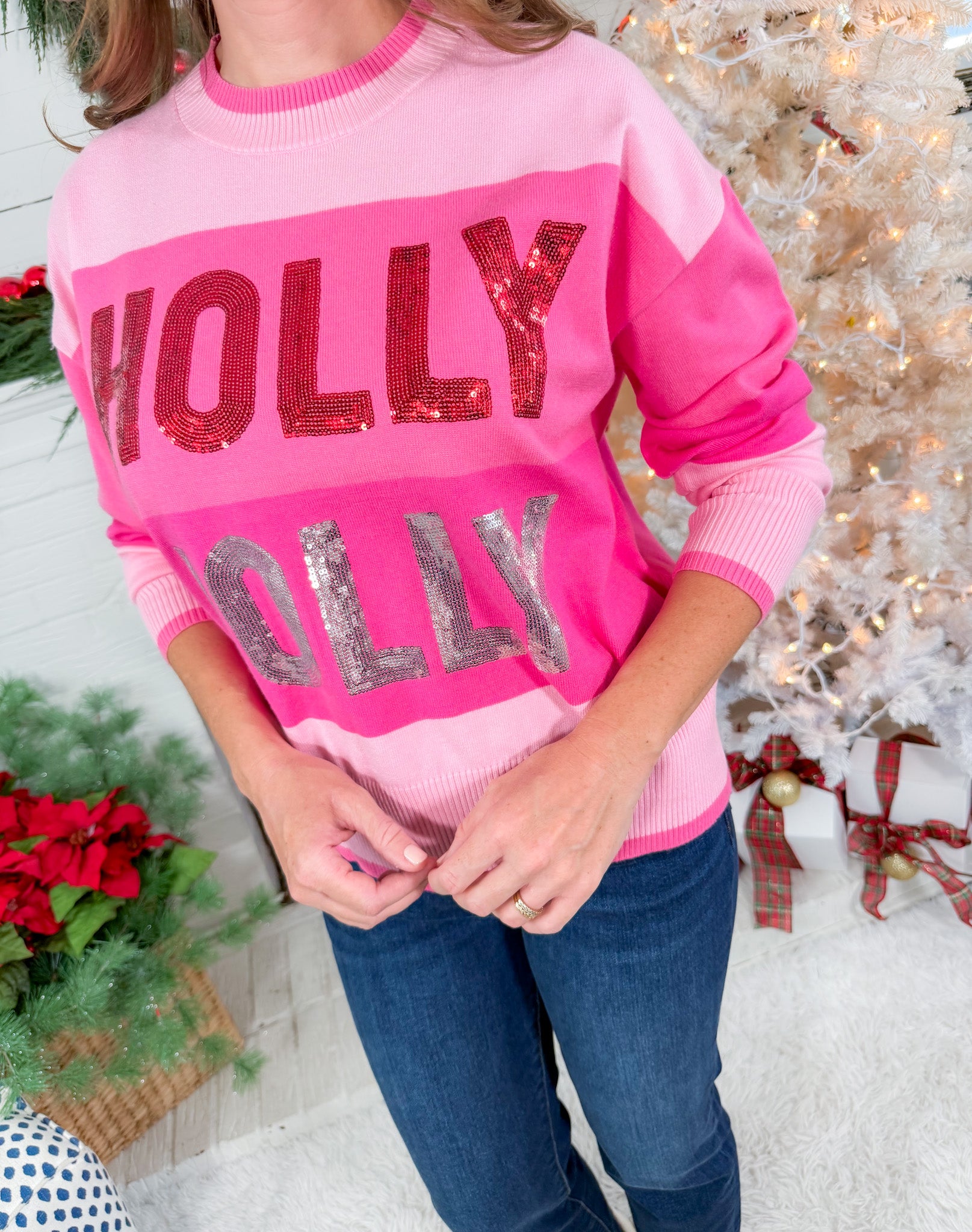 Holly Jolly Sequins Pink Sweater