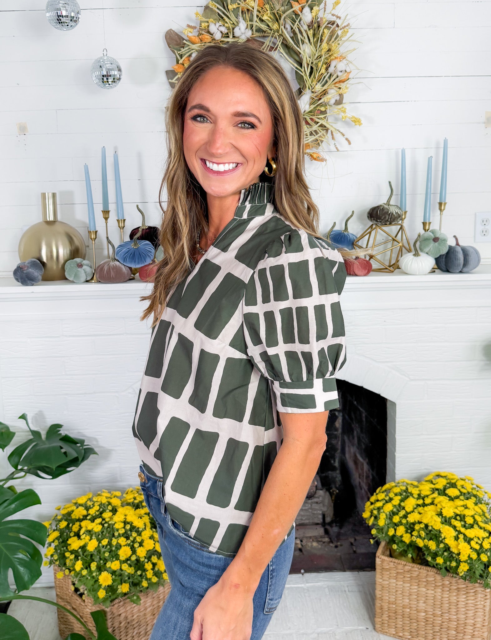 Houston Olive Box Plaid Top Entro