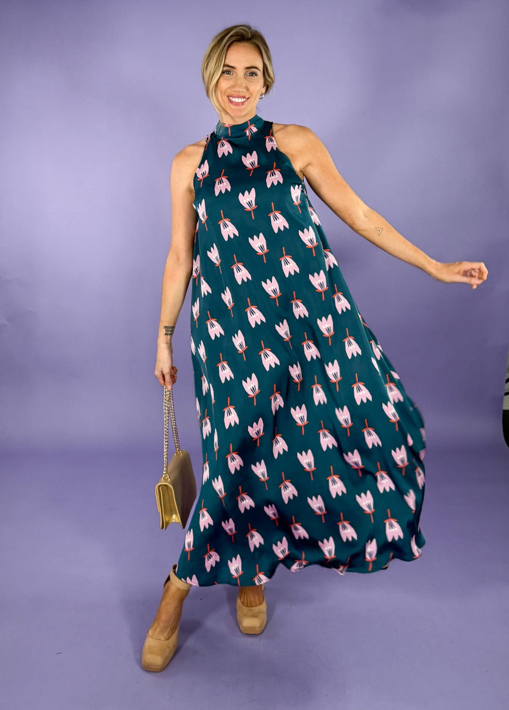Teal Poppy Satin Maxi Dress Karlie | Clover and Bee