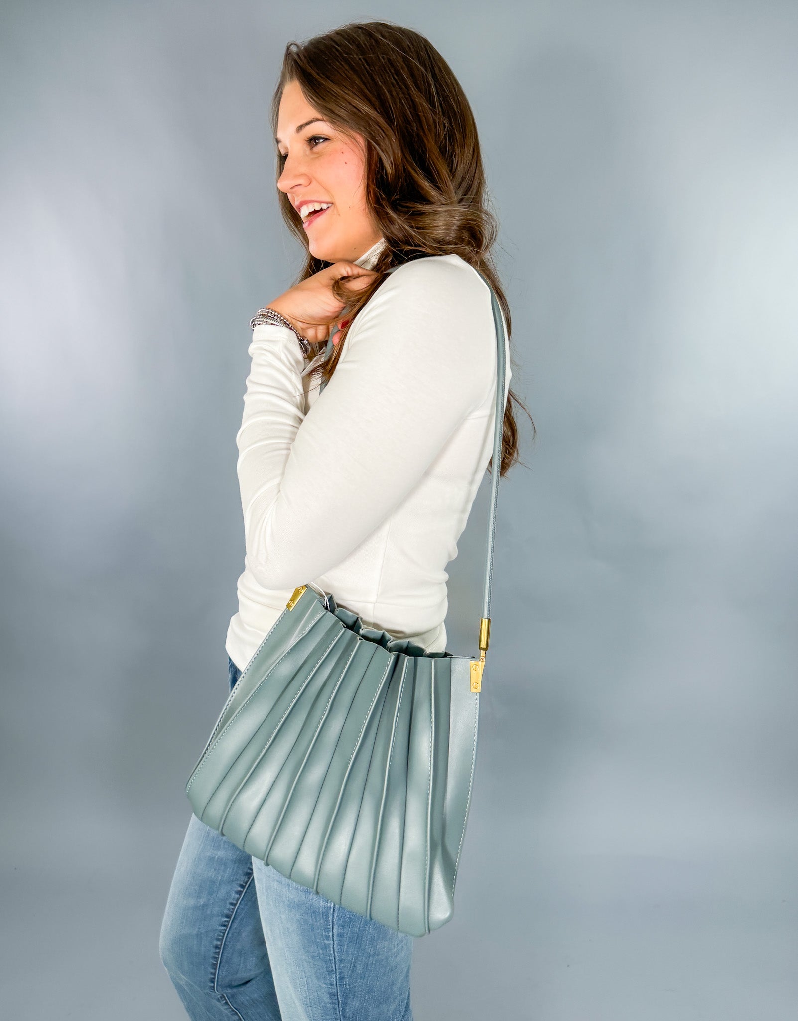 Carrie Slate Pleated Vegan Shoulder Bag